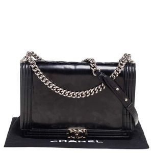 Large Chanel Black Patent Leather Boy Bag